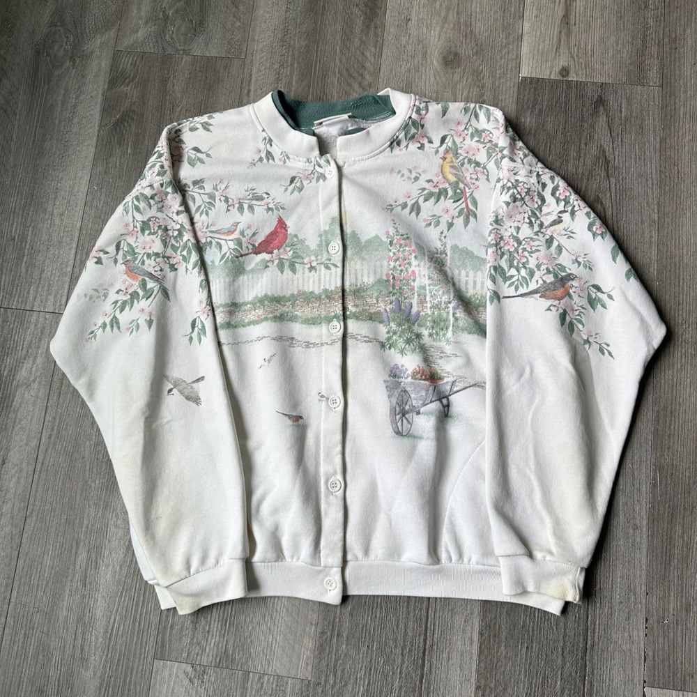 Bernie & Glen Garden Bird Floral Cardigan sweater White vintage 90s XL women AOP